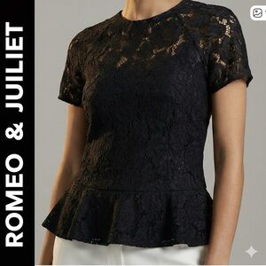 ROMEO & JULIET Romantic Dainty Peplum Lace Short-sleeve Blouse Size Medium NWT